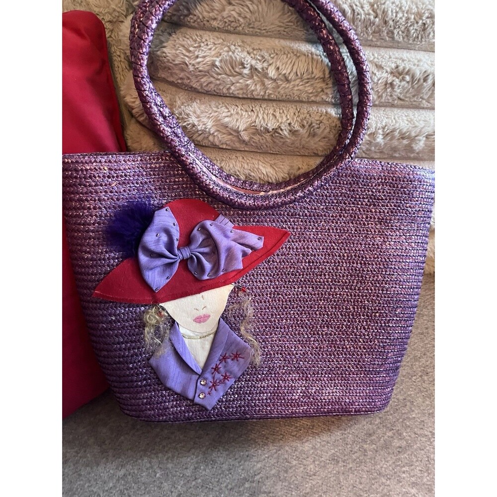 Vintage Y2K Red Hat Lady Straw Wicker Tote Bag Cottagecore Kitchy Handbag Purse - Picture 10 of 10